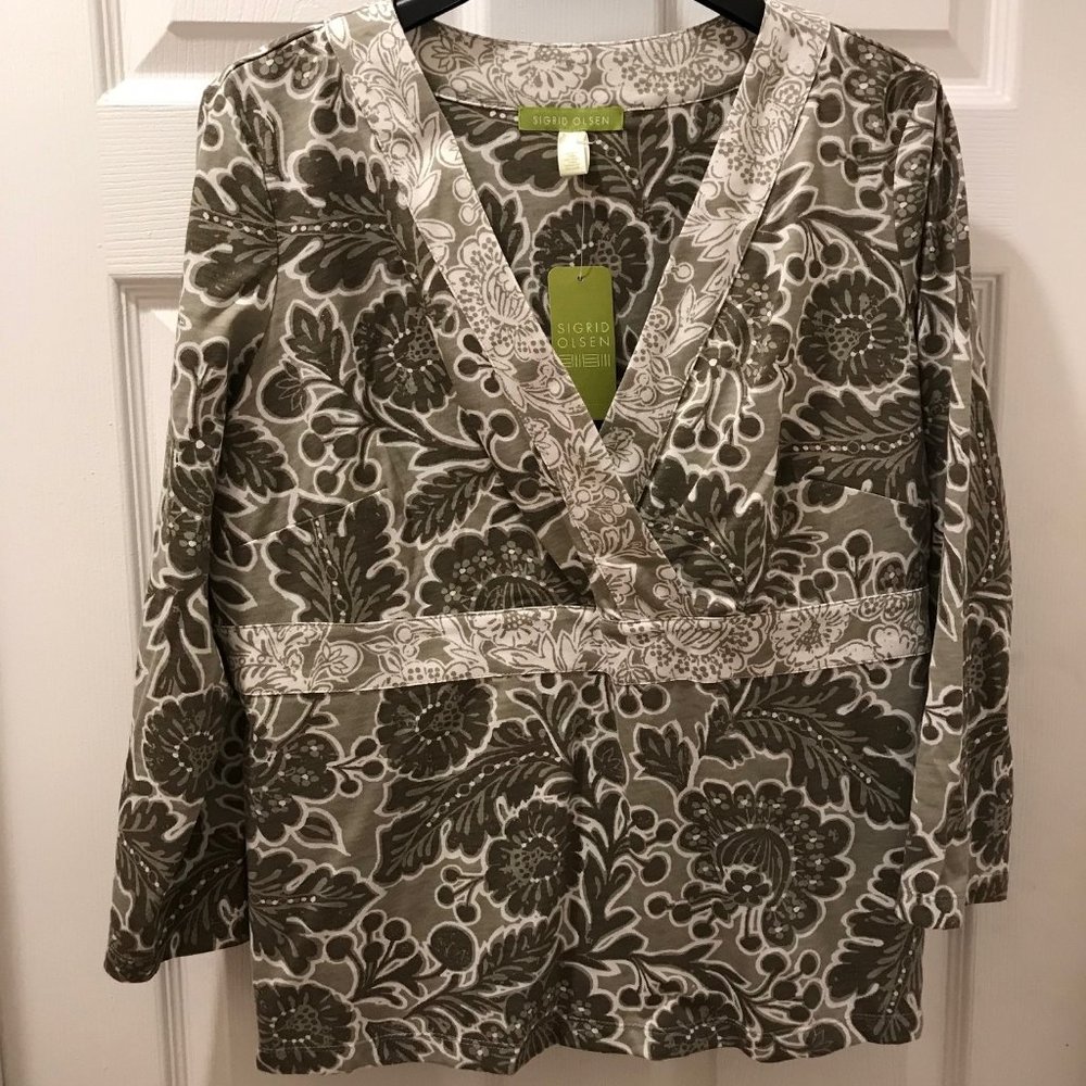 SIGRID OLSEN NWT WOMEN BEIGE/WHITE BLOUSE SIZE L